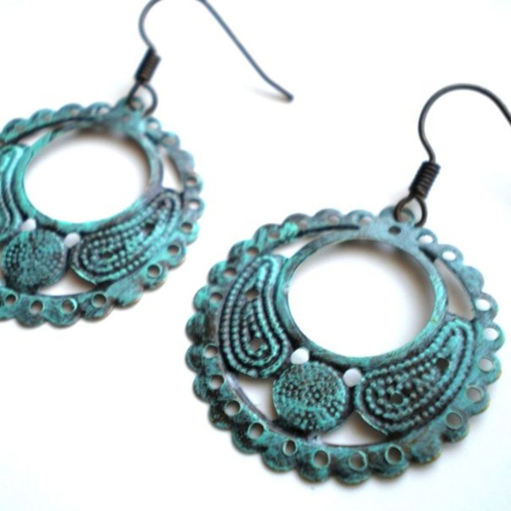 Verdigris Hand Painted Round Hoop Filigree Earring